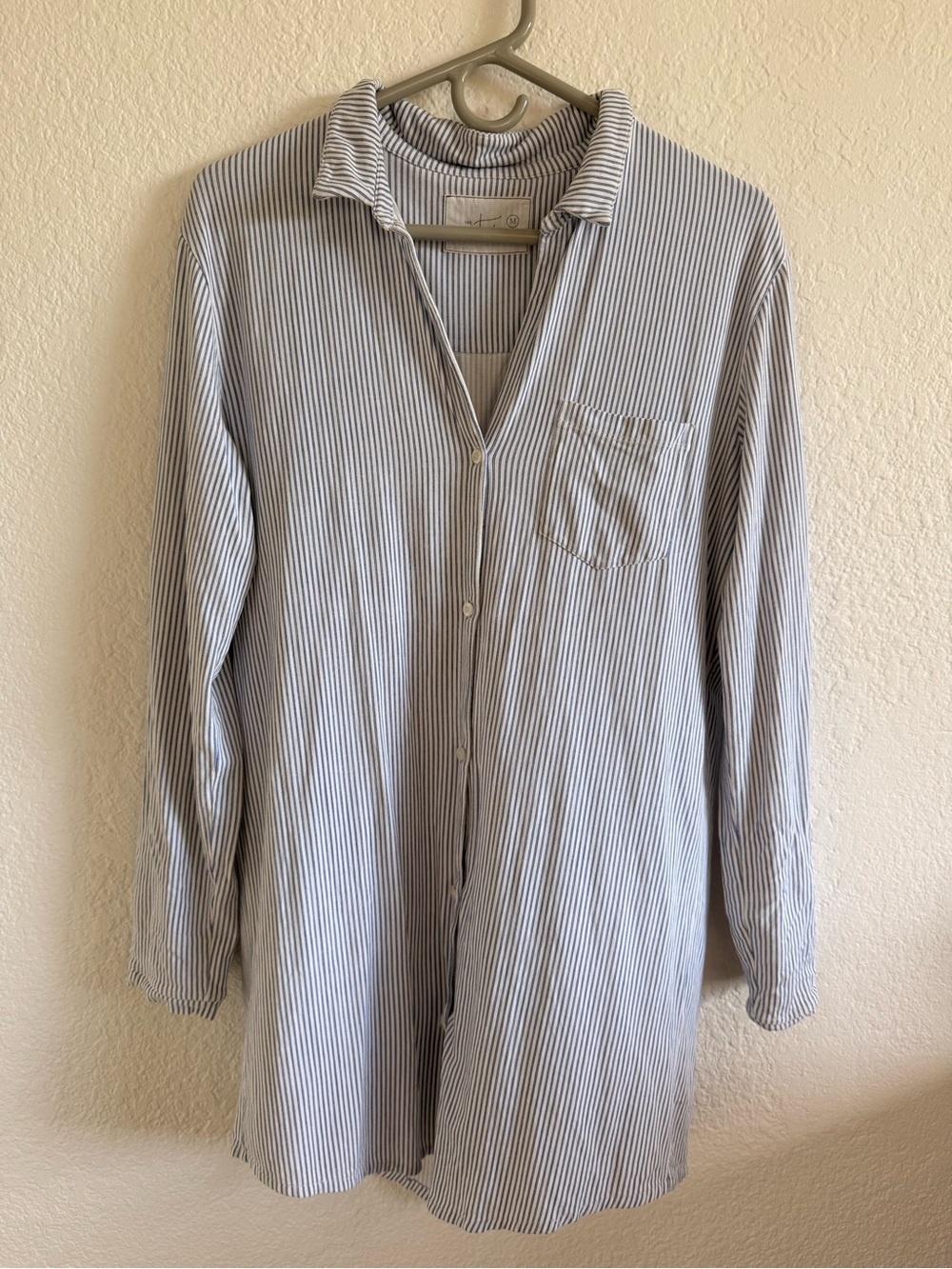 blue and white striped long sleeved dress